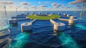 Illustration de l'île artificielle énergétique Princesse Élisabeth en construction dans la mer du Nord.