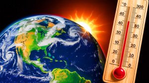 Illustration de l'avenir incertain de la Terre face aux menaces climatiques et cosmiques.