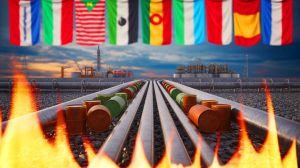 Illustration de la chute des exportations russes de combustibles fossiles et son impact économique mondial.