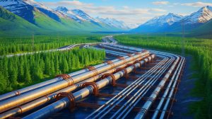 Illustration de la proposition de gazoduc entre l'Alaska et l'Asie initiée par Donald Trump.