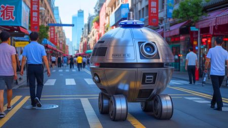 Illustration de l'utilisation du robot policier sphérique Rotunbot pour le maintien de l'ordre à Wenzhou en Chine.