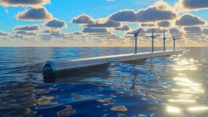 Illustration de la technologie Kinowave transformant l'énergie des vagues en électricité propre.