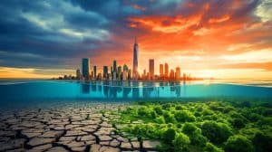 Illustration de l'impact du réchauffement climatique et de la surproduction d'énergies fossiles.