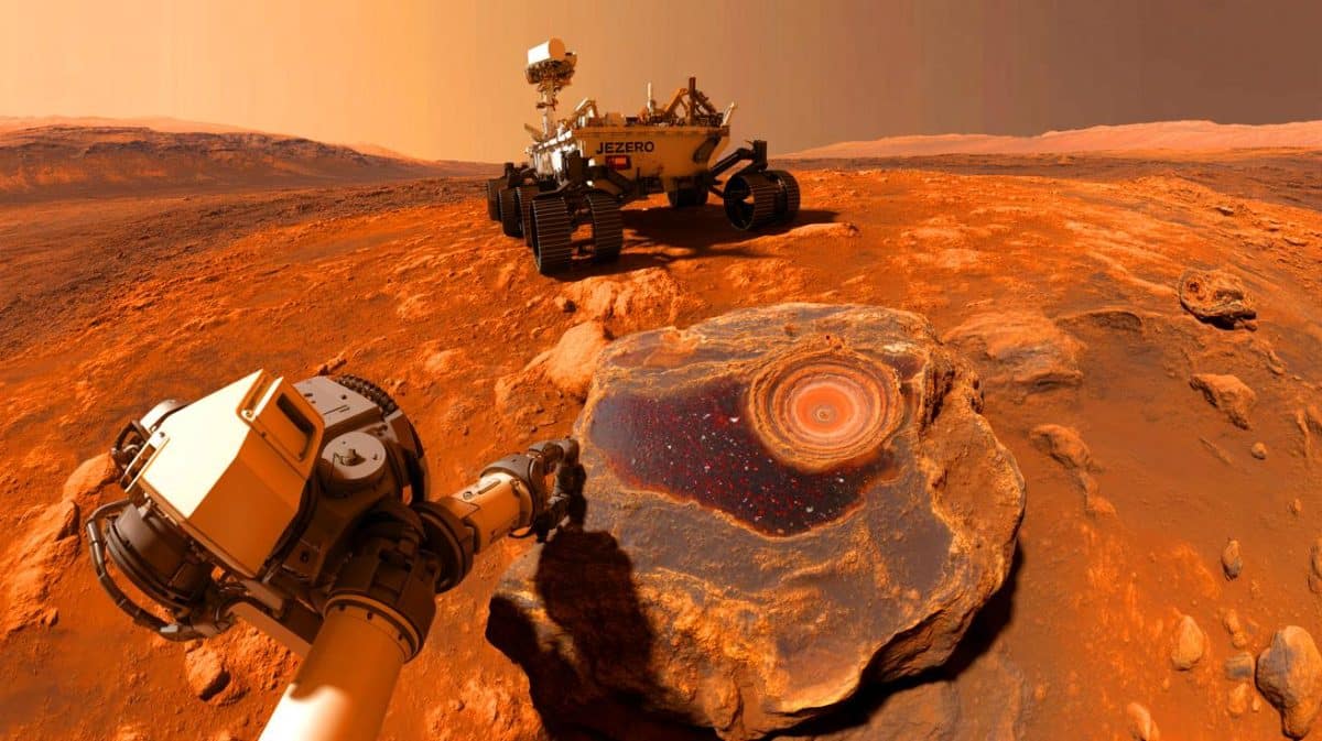 « La NASA trouve des traces de vie sur Mars » : Perseverance découvre des microbes de 3,8 milliards d’années qui bouleversent tout Illustration de la découverte potentielle de signes de vie microbienne ancienne sur Mars par le rover Perseverance.