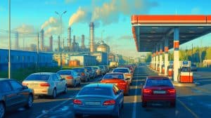 Illustration de l'impact des frappes ukrainiennes sur les infrastructures pétrolières russes provoquant des pénuries de gaz.