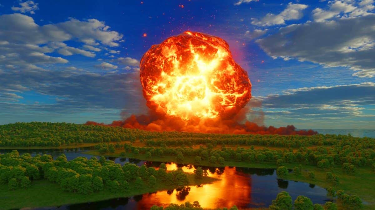 « Cet astéroïde a explosé comme une bombe nucléaire » : la Normandie frôle la catastrophe spatiale qui panique les experts mondiaux Illustration de l'explosion de l'astéroïde 2023 CX1 au-dessus de la Normandie.