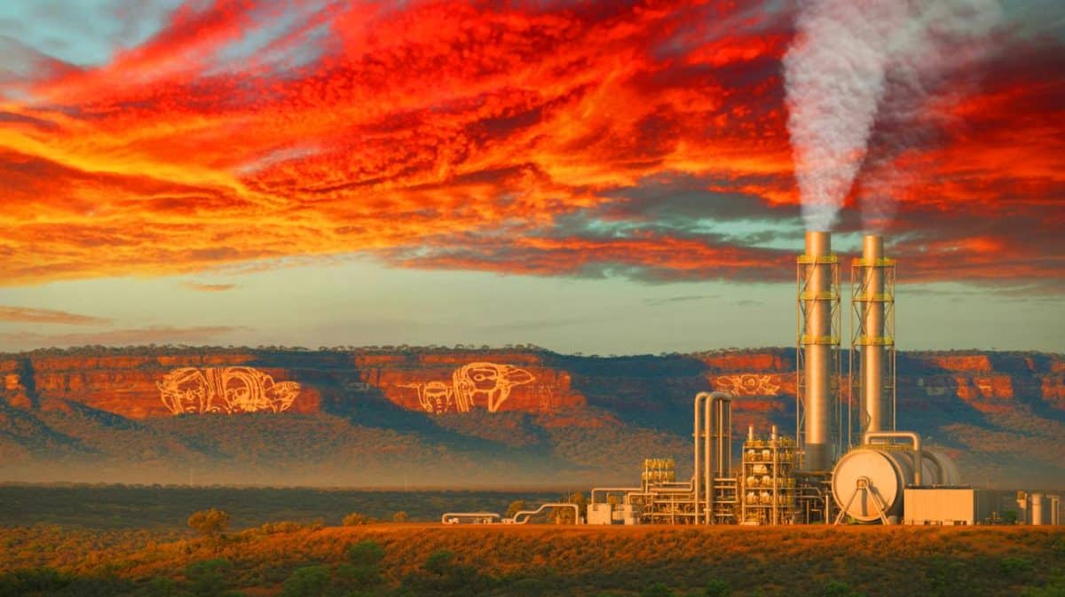 « Une trahison envers tous les Australiens » : le gouvernement prolonge le plus grand projet gazier mondial jusqu’en 2070 malgré un million d’œuvres aborigènes menacées Illustration de la prolongation du projet gazier australien menaçant l'art rupestre autochtone.