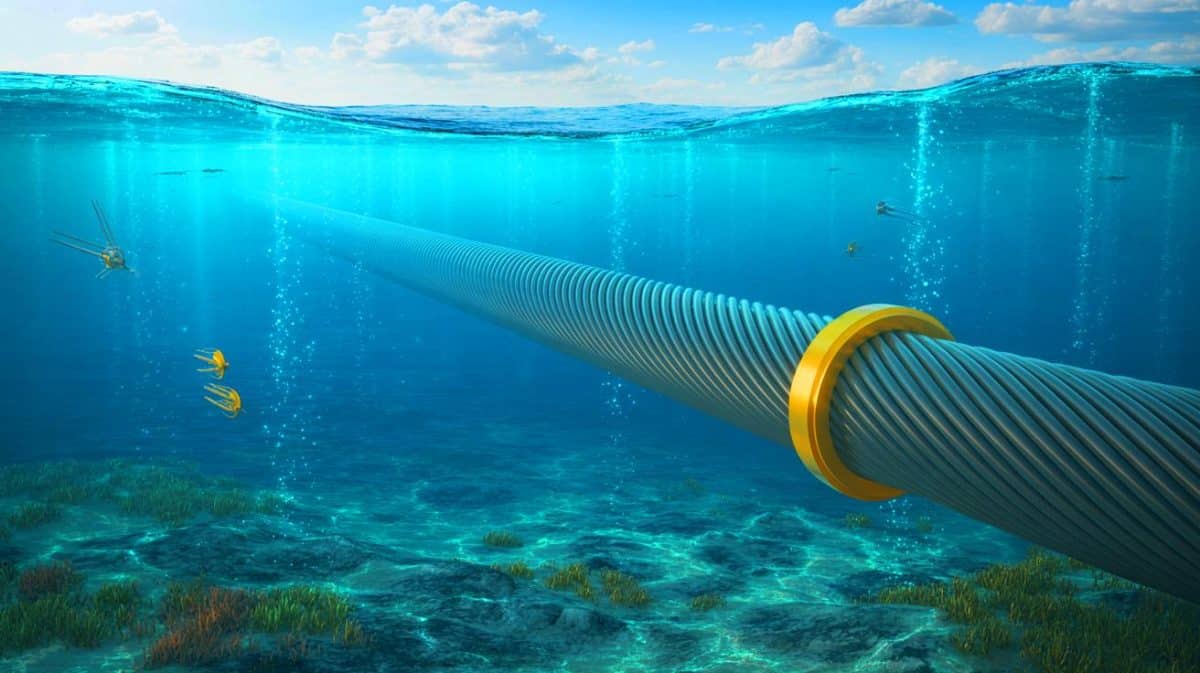 Illustration de la connexion sous-marine NeuConnect reliant le Royaume-Uni et l'Allemagne pour transformer l'approvisionnement énergétique européen.