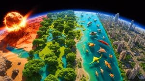 Illustration de l'évolution de la Terre à travers des événements cataclysmiques et leurs impacts sur la vie.