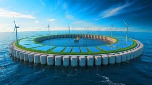 Illustration de l'île énergétique artificielle Princesse Elisabeth en construction dans la mer du Nord.