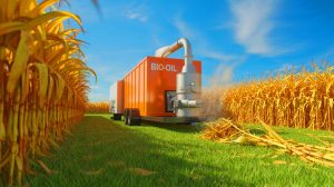Illustration de la transformation des déchets végétaux en bio-huile pour le captage de carbone et le scellement des puits abandonnés.
