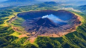 Illustration de l'Aso Caldera, supervolcan actif situé au cœur de Kyushu, au Japon.