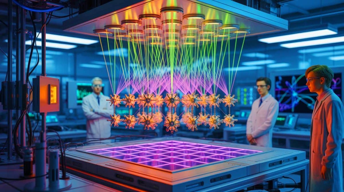 « Caltech crée 6 100 qubits révolutionnaires simultanément » : cette machine quantique secrète qui calcule l’impossible bouleverse complètement la science mondiale Illustration de l'assemblage du plus grand réseau de qubits d'atomes neutres avec des lasers.