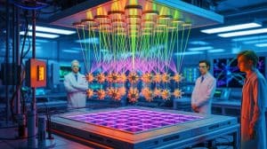 Illustration de l'assemblage du plus grand réseau de qubits d'atomes neutres avec des lasers.
