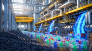 Illustration de la transformation des déchets plastiques en syngas grâce à la co-gazéification avec des déchets de charbon.