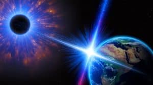 Illustration de la collision d'un neutrino énergétique avec la Terre, potentiellement issu d'un trou noir primordial.