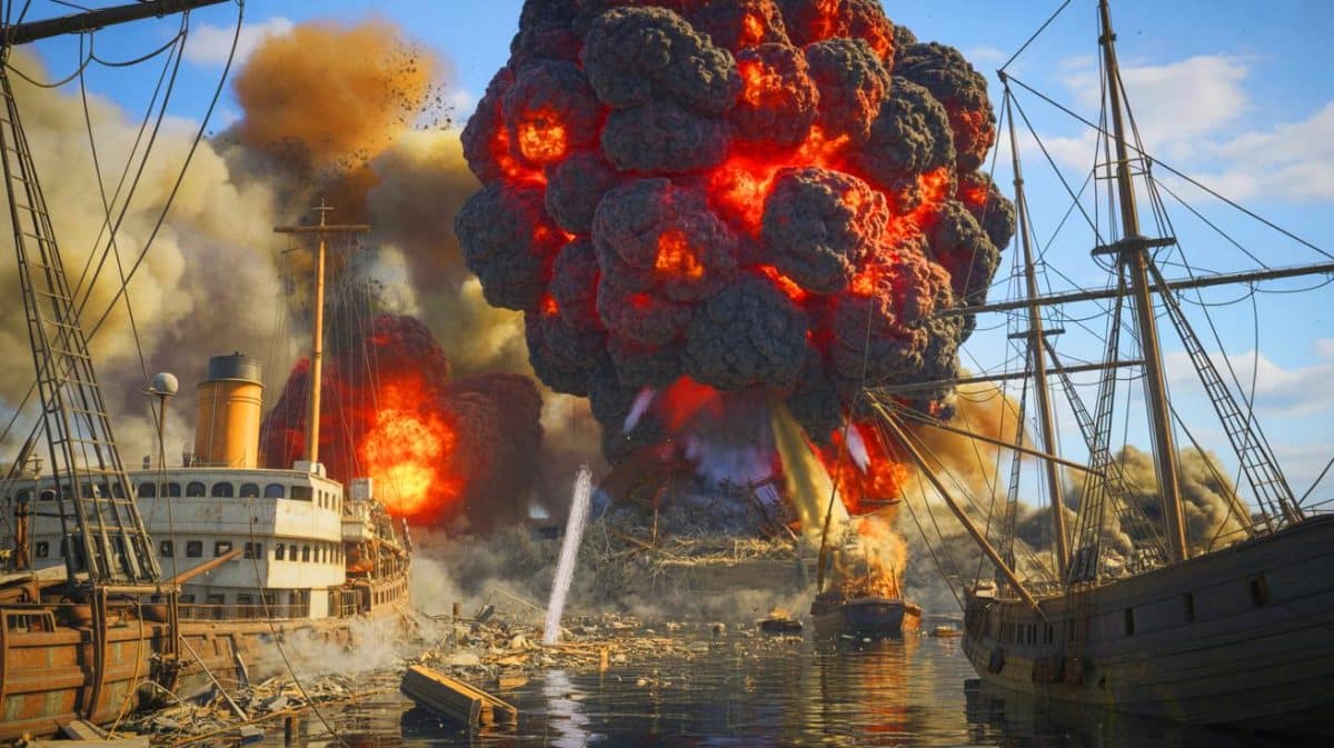 « Cette explosion a tué 2 000 personnes en 1917 » : la catastrophe d’Halifax qui a pulvérisé une ville entière et marquée l’histoire canadienne Illustration de la dévastation du port d'Halifax après l'explosion cataclysmique de 1917.
