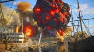 Illustration de la dévastation du port d'Halifax après l'explosion cataclysmique de 1917.