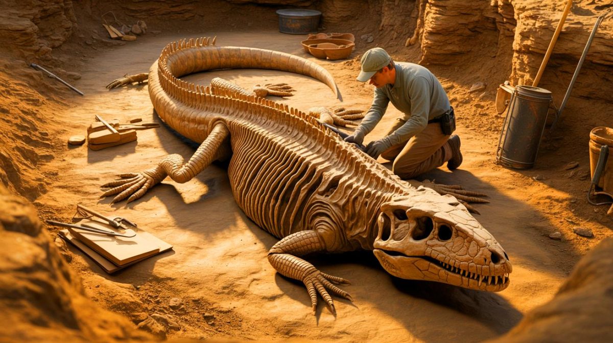 « Un lézard de 242 millions d’années défie la science » : ce fossile anglais aux dents féroces réécrit l’histoire de l’évolution terrestre Illustration de la découverte d'un fossile ancien de lézard en Angleterre.