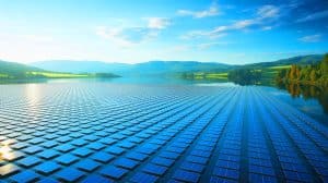Illustration de la centrale solaire flottante de 140 MW sur le lac Druzmirje en Slovénie.