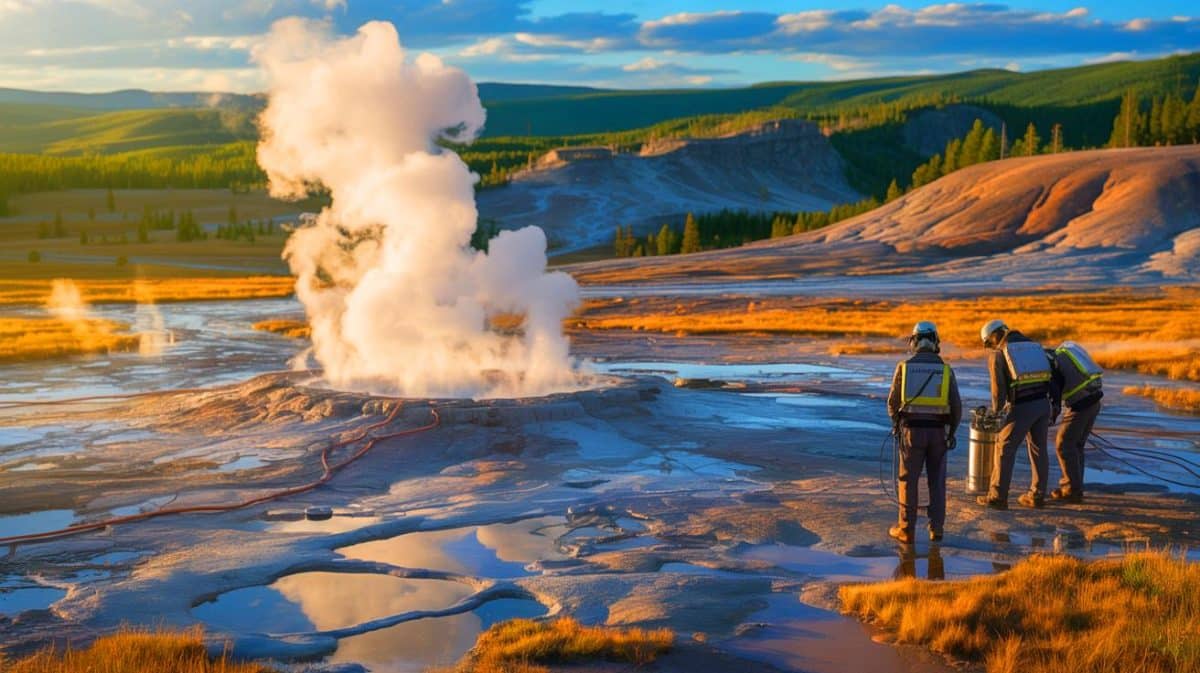Ces geysers brûlants qui fascinent les touristes cachent en réalité un gisement d’hélium capable de bouleverser l’énergie mondiale sans aucune émission fossile Illustration de l'exploitation potentielle d'hélium à Yellowstone grâce à son activité géothermique unique.