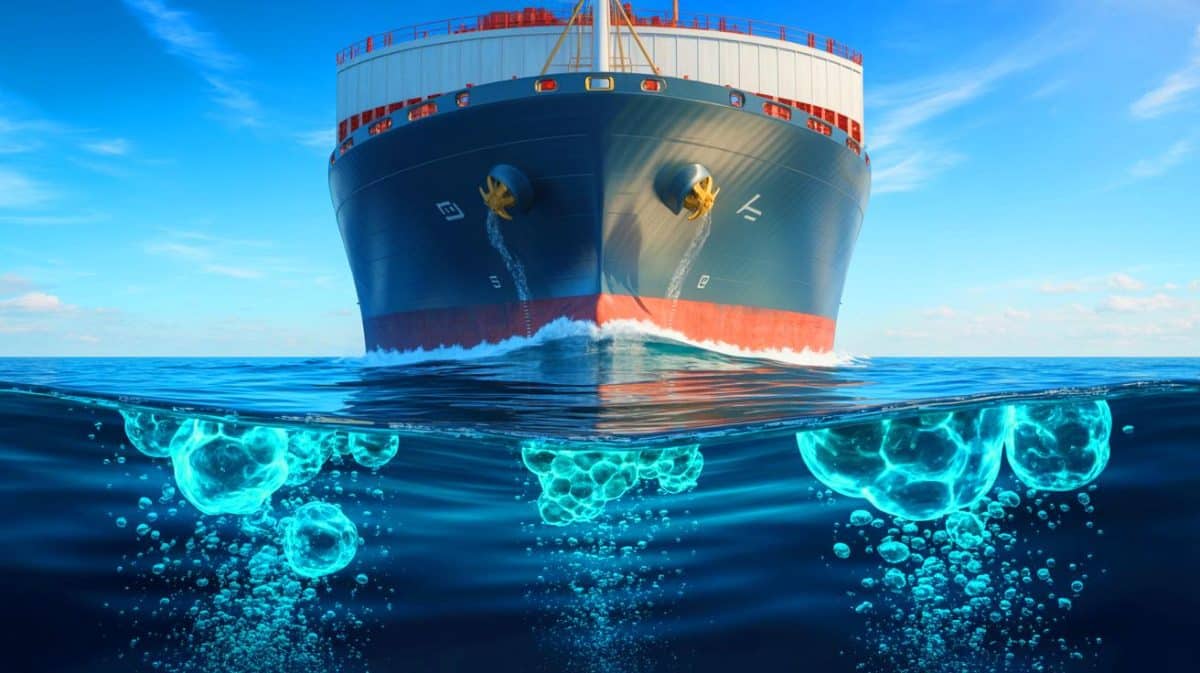 « Vos bateaux crachent du méthane invisible » : cette pollution maritime multipliée par 20 dans les ports détruit le climat sans que personne ne mesure Illustration de la libération de méthane par les hélices des navires dans les eaux peu profondes.