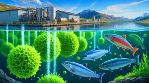 Illustration de la transformation du CO₂ en nourriture pour saumons en Norvège.