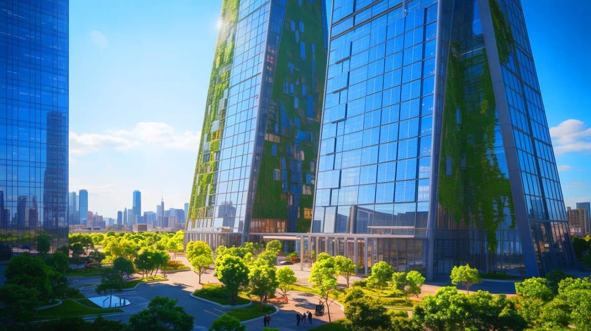 « La Chine construit un gratte-ciel 100% autonome en énergie » : ce bâtiment de 117 mètres avec 24 000 capteurs économise 2 500 tonnes de CO2 annuellement Illustration de l'inauguration du premier bâtiment ultra zéro carbone à Qingdao.