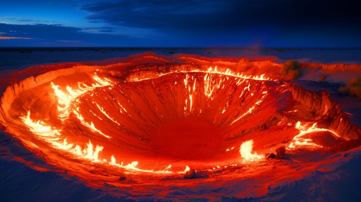 « Le feu de l’enfer diminue enfin de trois fois » : le Turkménistan éteint progressivement l’incendie géant qui brûle depuis 50 ans dans le désert Illustration de la réduction significative du feu du "Gateway to Hell" dans le désert du Karakum au Turkménistan.
