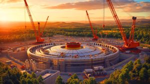 Illustration de l'installation du premier aimant supraconducteur dans le chantier de construction d'ITER.