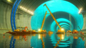 Illustration de la construction du plus long tunnel sous-marin du monde sous le fleuve Jaune en Chine.
