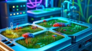 Illustration de l'innovation des batteries biologiques utilisant des organismes vivants pour produire de l'énergie.