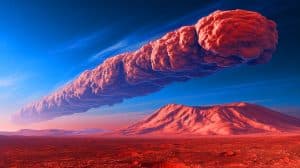 Illustration de la formation d'un nuage de 1 800 kilomètres autour du volcan Arsia Mons sur Mars.