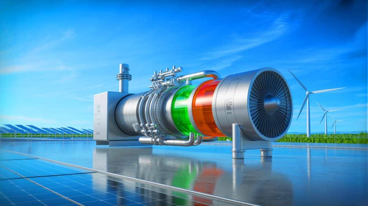 « On mélange hydrogène et ammoniac maintenant » : cette turbine révolutionnaire qui bouleverse l’énergie mondiale et pulvérise les émissions de carbone Illustration de la première turbine à gaz duale utilisant hydrogène et ammoniac pour une énergie plus propre.