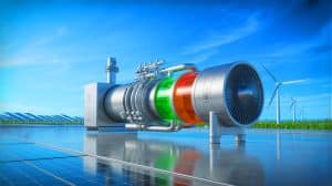 Illustration de la première turbine à gaz duale utilisant hydrogène et ammoniac pour une énergie plus propre.