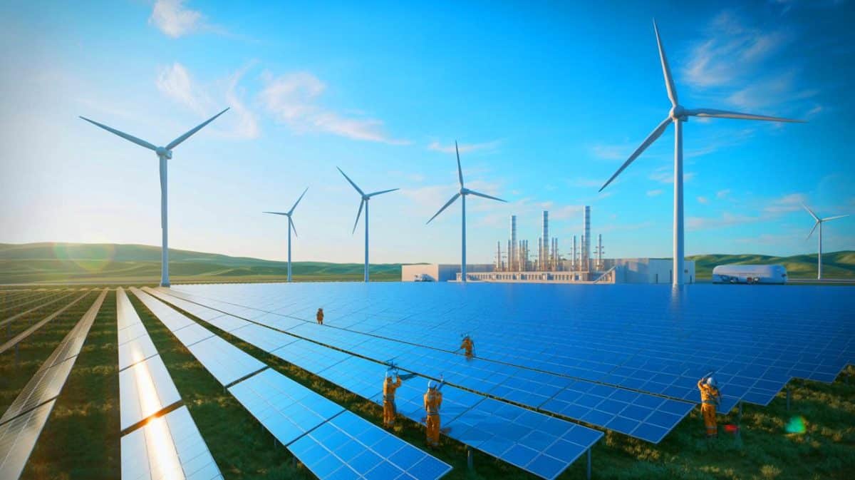 « Le plus grand complexe hydrogène au monde sort de terre » : la Chine construit une usine géante de 48 000 m³/h qui révolutionne l’énergie verte Illustration de l'installation d'un complexe innovant combinant éoliennes et panneaux solaires pour produire de l'hydrogène et de l'ammoniac vert en Mongolie Intérieure.