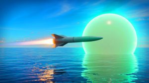 Illustration de l'échec d'un missile Hellfire face à un ovni au-dessus de l'eau.