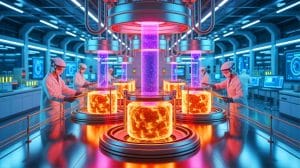 Illustration de la transformation des déchets nucléaires en carburant pour réacteurs de fusion.