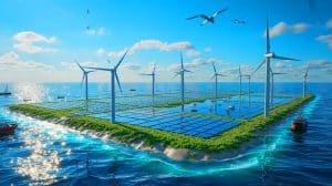 Illustration de la création d'une île artificielle dédiée aux énergies renouvelables en mer du Nord.
