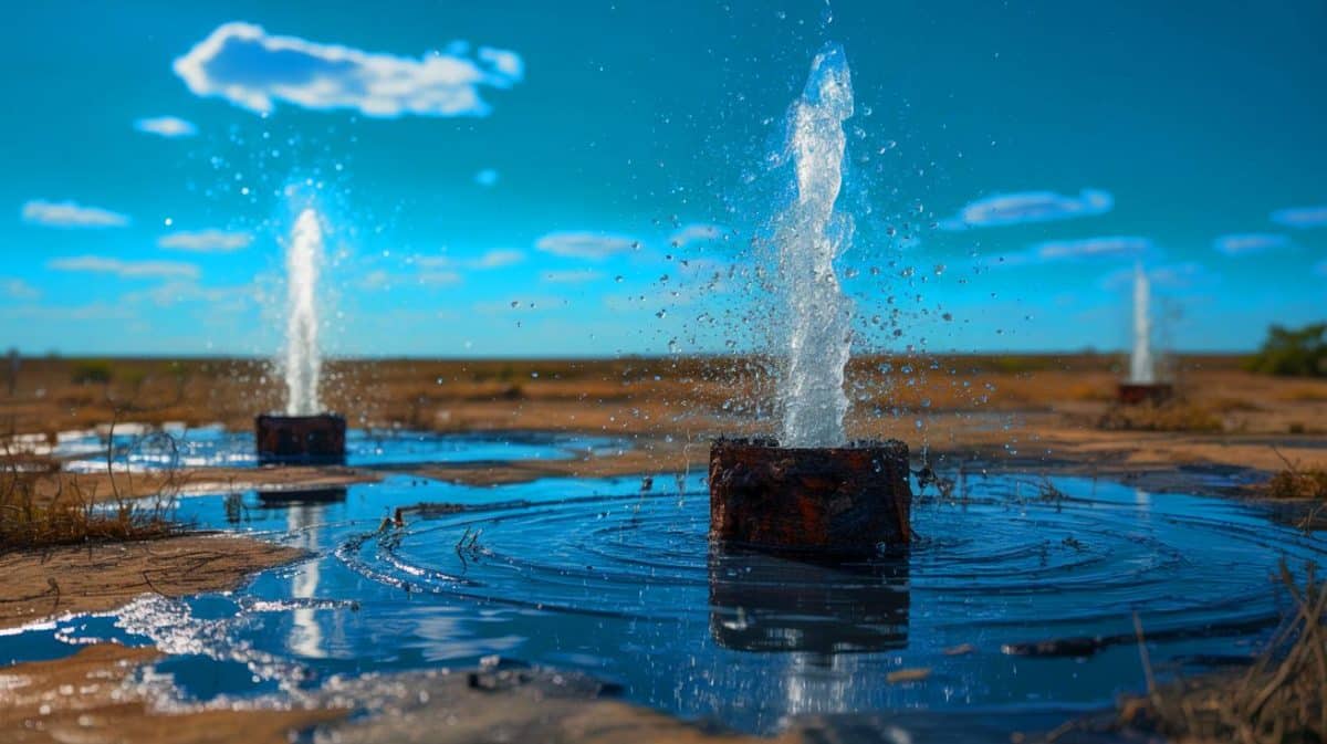 « Ces puits crachent de l’eau mortelle » : le Texas découvre des geysers toxiques qui menacent des millions d’Américains Illustration de geysers d'eau toxique jaillissant d'anciens puits pétroliers au Texas.