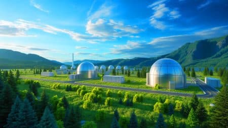 Amazon investit dans les réacteurs nucléaires modulaires pour un avenir énergétique sans carbone Illustration de la future installation de réacteurs nucléaires modulaires d'Amazon dans l'État de Washington.