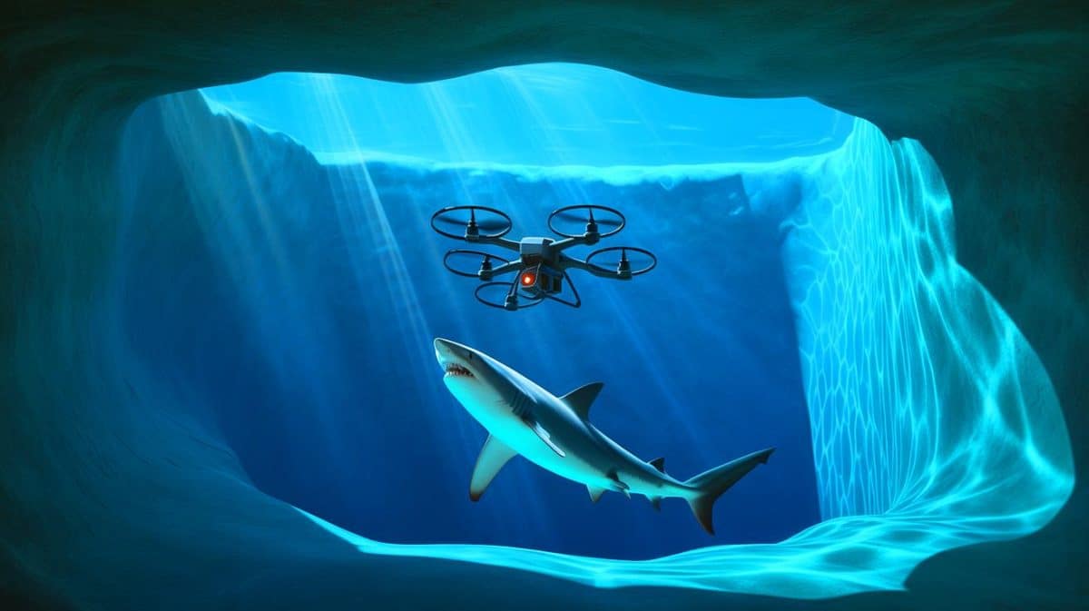 Illustration de l'attaque d'un drone par un requin dans le Great Blue Hole.