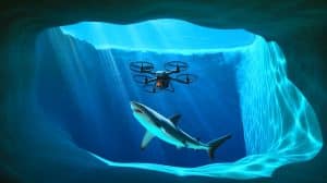 Illustration de l'attaque d'un drone par un requin dans le Great Blue Hole.