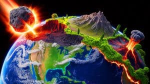 Illustration de la Terre marquée par des événements cataclysmiques ayant façonné la vie et l'environnement actuel.