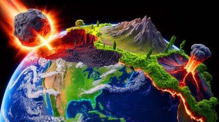 Illustration de la Terre marquée par des événements cataclysmiques ayant façonné la vie et l'environnement actuel.