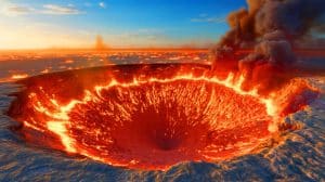 « Elle brûle depuis 50 ans » : la Porte de l’Enfer du Turkménistan montre des signes d’épuisement (et pourrait bientôt s’éteindre d’elle-même) Illustration de la Porte de l’Enfer, un cratère en feu au Turkménistan brûlant depuis plus de cinquante ans.