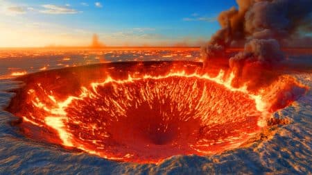 Illustration de la Porte de l’Enfer, un cratère en feu au Turkménistan brûlant depuis plus de cinquante ans.