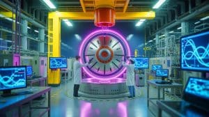Illustration de l'avancée technologique d'Helical Fusion dans le test d'un aimant supraconducteur à haute température.