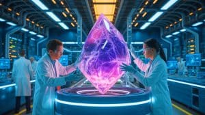 Illustration de la découverte d'un cristal capable de respirer l'oxygène et ses applications potentielles dans les technologies énergétiques.