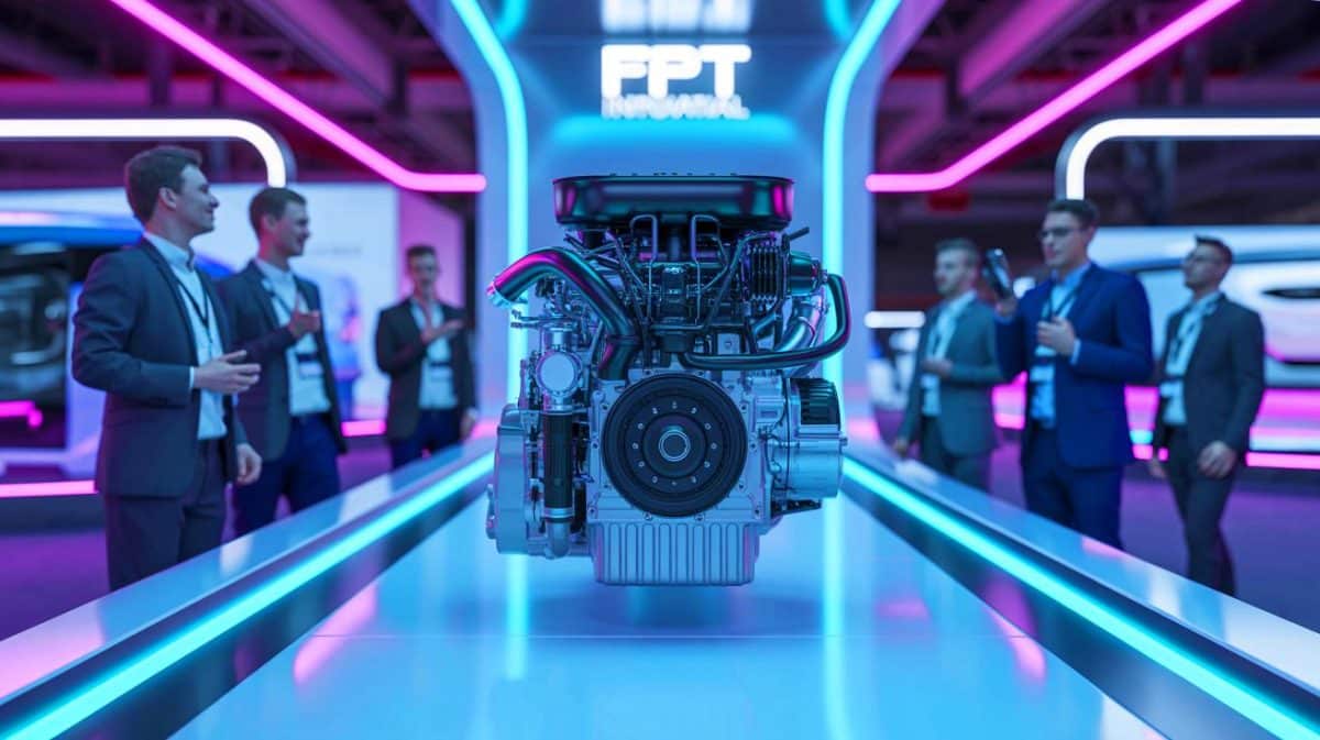 « On n’avait jamais vu ça » : ces nouveaux moteurs FPT roulent à l’hydrogène, au gaz ou au diesel (sans émettre de CO2) Illustration de la présentation des moteurs durables de FPT Industrial au salon d'Hanovre.